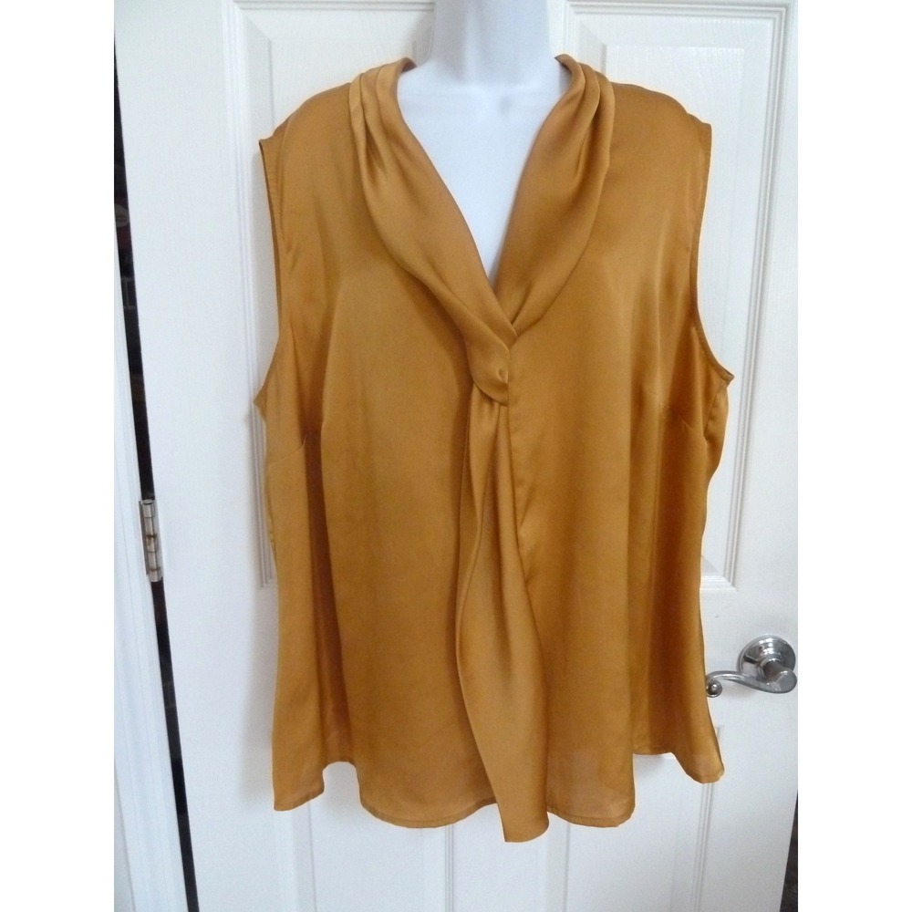 Kasper Plus Size 3X Gold Satiny V-Neck Sleeveless Blouse Career Workwear Top